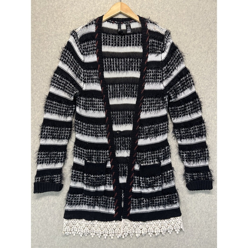 Boutine LA Black White Striped Open Knit Cardigan Sweater‎ Lace Hem Women's XL